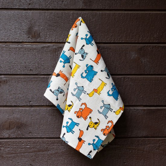 Colourful half-linen kitchen towel "Puppies"